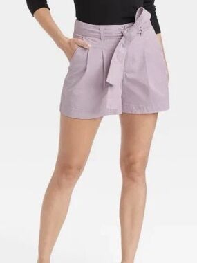 A New Day Womens Stretch Sz 14 Shorts High Rise Pleated Tie Belt Lavender Purple